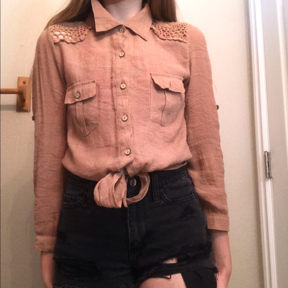 Small MINE shirt top button down tan blouse